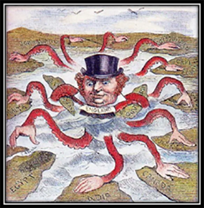 A 19th-century American cartoon, representing Great Britain as a colonial monster grabbing up nations around the world.